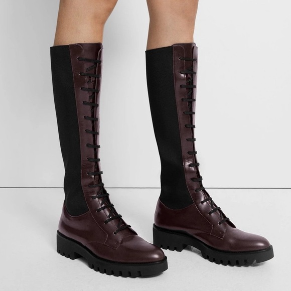 Theory Tall Leather Brown Lace-Up Knee-High Boots 8